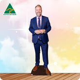 Cardboard cutout of a man in a blue suit with an 'Australian Made' logo in the corner.